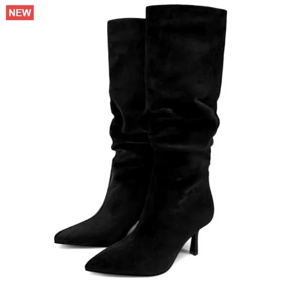 Knee High Boots Suede Pointed Toe Kitten Heel Pull On Zipper Fall Winter - Picture 5 of 7